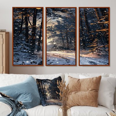 Chemin enneigé à travers la forêt d'hiver - ensemble de décoration murale forêt