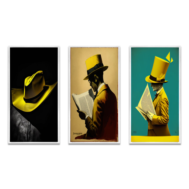 «Retro Yellow Hat On Black», 3 pièces, H 40 po x l 60 po, Cadre flottant blanc