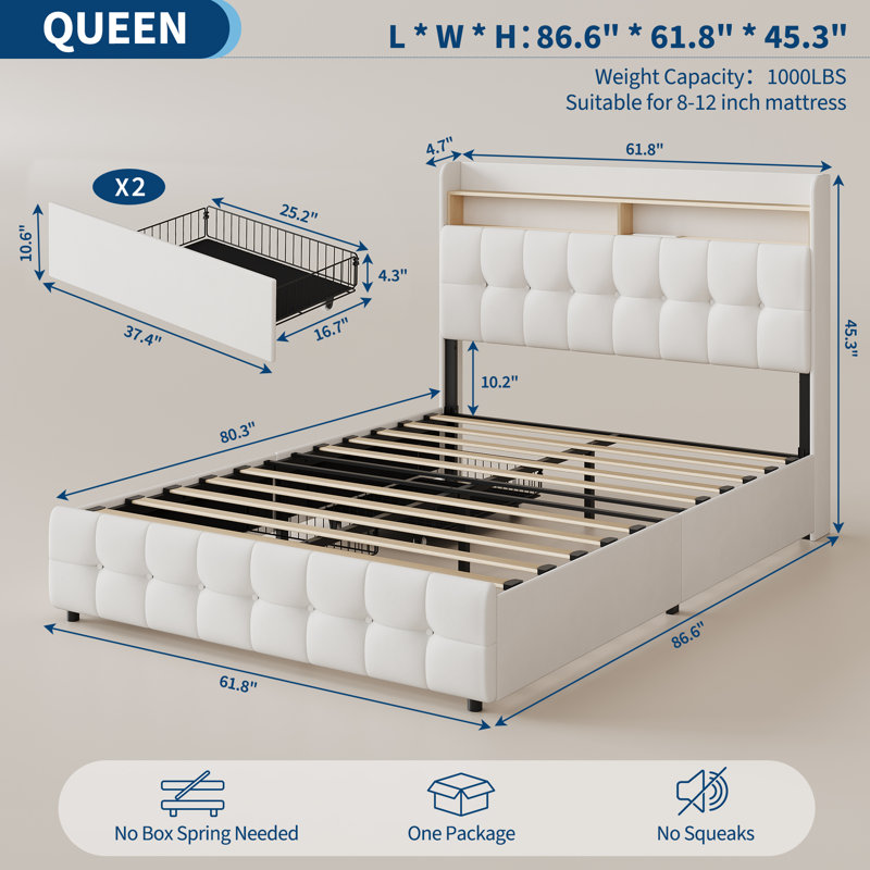 Bed Frame with 2 Storage Drawers, Upholstered Bed Frame with LED Light, White, Queen