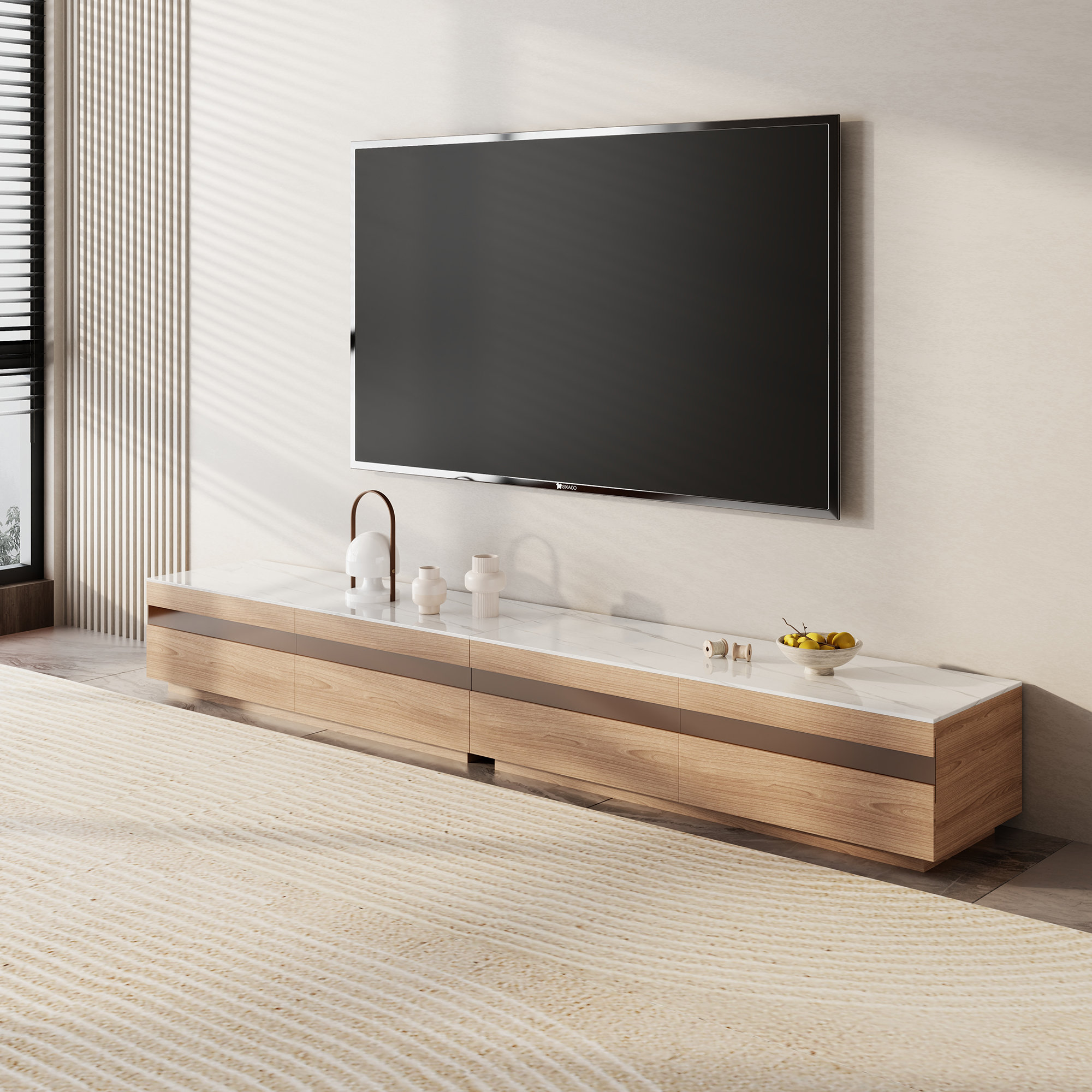 Hokku Designs Maneeta Modern Light Wood TV Stands, Stone Tabletop