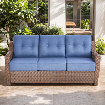 Acton 75" Outdoor Wicker Rattan Patio Sofa With 6" Thick Cushions by Lark Manor