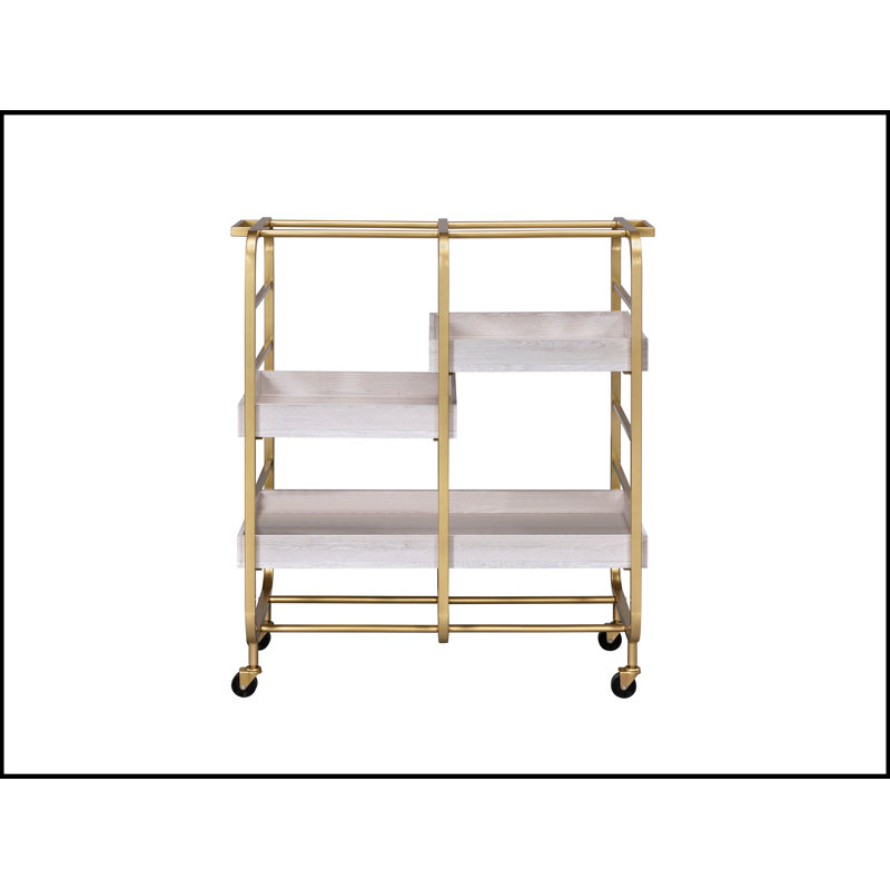 Vorrik Gold & Washed Finish Serving Cart with Adjustable Trays and Caster Wheels for Easy Mobility