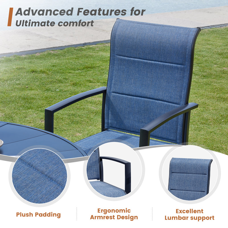 4-Person Patio Dining Set with Square Metal Dining Table and 4 PVC-coated polyester Swivel Chairs , Black/Blue