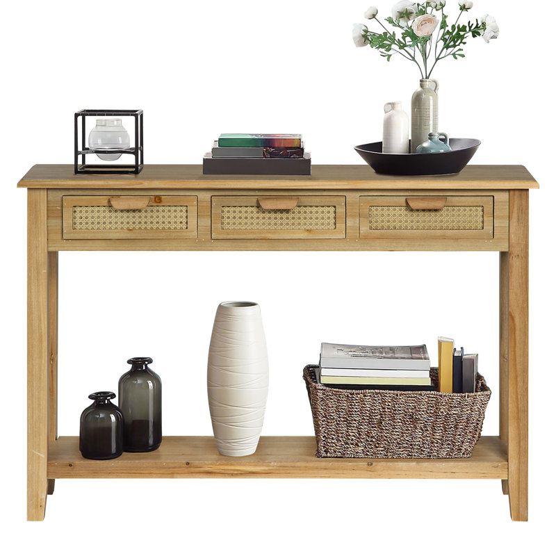 Abrytha 46“ Farmhouse Long Console Table with 3 Rattan Drawers and Shelf,Entry Table for Entryway, 31.5" H x 46" W x  10.6" D