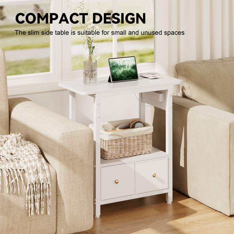 End Table with Built-In Outlets, White