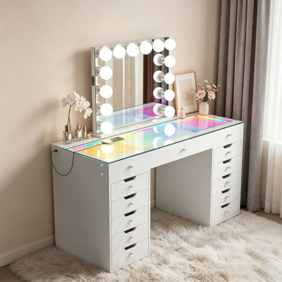 Pre‑Assembled Makeup Vanity Set with LED Lighted Mirror HD Glass Top Built-in RGB Light Strips Large 13 Drawers