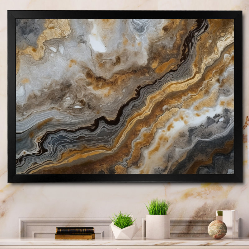 Or et gris, effet de marbre I - art mural abstrait en marbre, Cadre simple noir, H 30 po x l 40 po x P 1,5 po