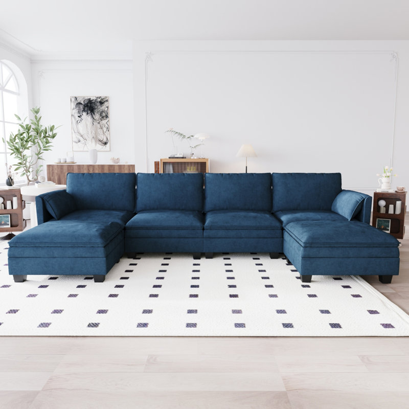 Canapé de 141,5 pouces à 6 places de 141,5 po, canapés en U avec repose-pieds mobile, accoudoirs avec poches, canapés modernes en tissu pour le salon, appartement, bureau
