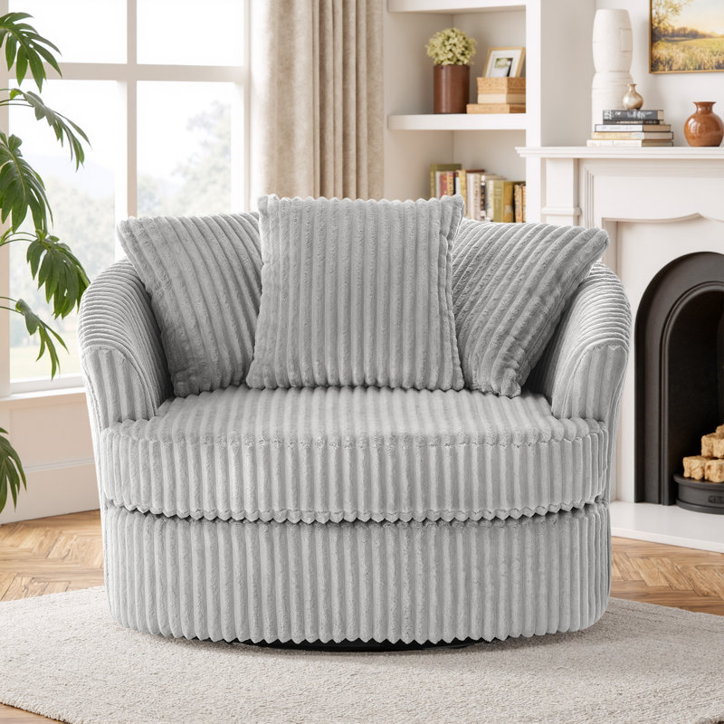 Ultra Plush Faux Rabbit Fur Oversized Swivel Barrel Chair with Three Pillows, Gray