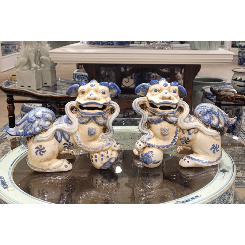 Small Pair of Lucky Foo Dog Figurine, 6.5" H x 8.5" W x 4" D, Blue/White