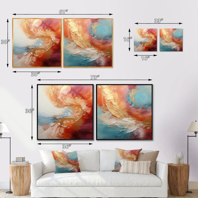 Or rose mirage du désert en spirale - ensemble de 2 collages carrés abstraits en spirale, Toile tendue, H 16 po x l 33 po
