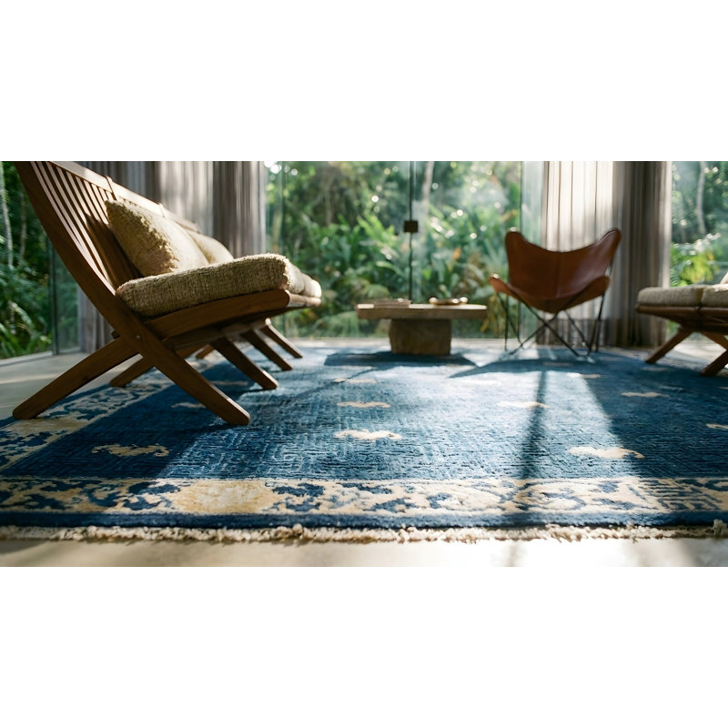 Blue Antique 1880s Allover Geometric Hand Knotted Pile Wool Rectangle Rug