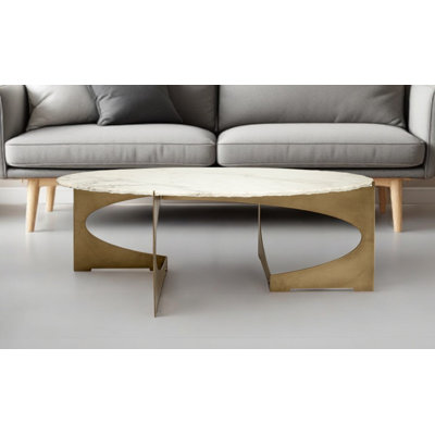 Table basse 30 po ovale en marbre et métal véritable blanc et or
