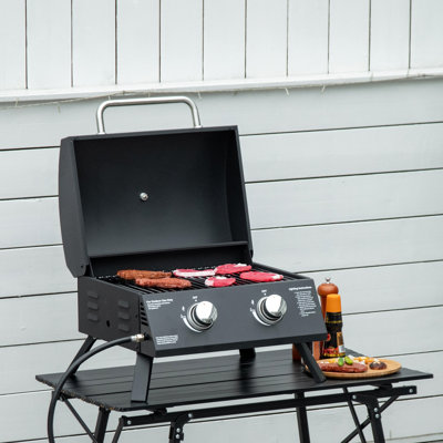 2 Burner Gas Grill , Portable Camping. Foldable Legs, Lid With Smoking Function, Thermometer. Black, Ideal For Picnic, Backyard Portable, Propane. Legs Storage. And Perfect Camping,