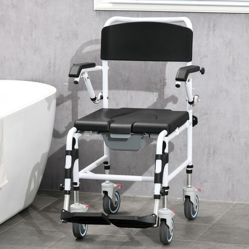 Shower Chair, 17" Seat Width, Black, Waterproof, Detachable Bucket For Elderly Mobility Assistance Accessibility Wheelchair With Shock-absorbing Wheels, Disabled