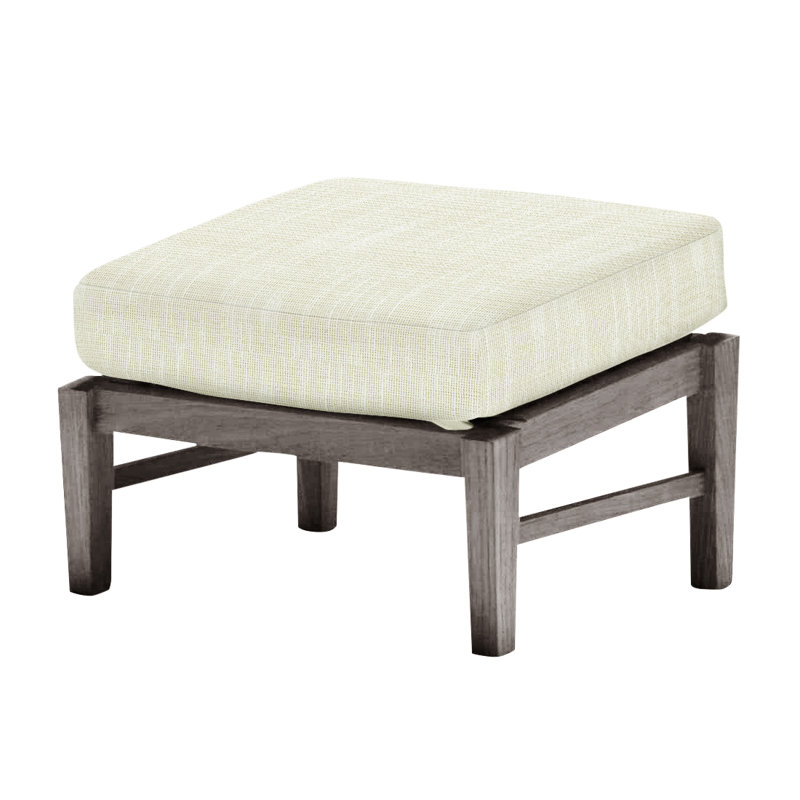 Croquet Outdoor Teak Ottoman with Cushion, No Welt, Rollo Cream InsideOut® Linen, Oyster Teak