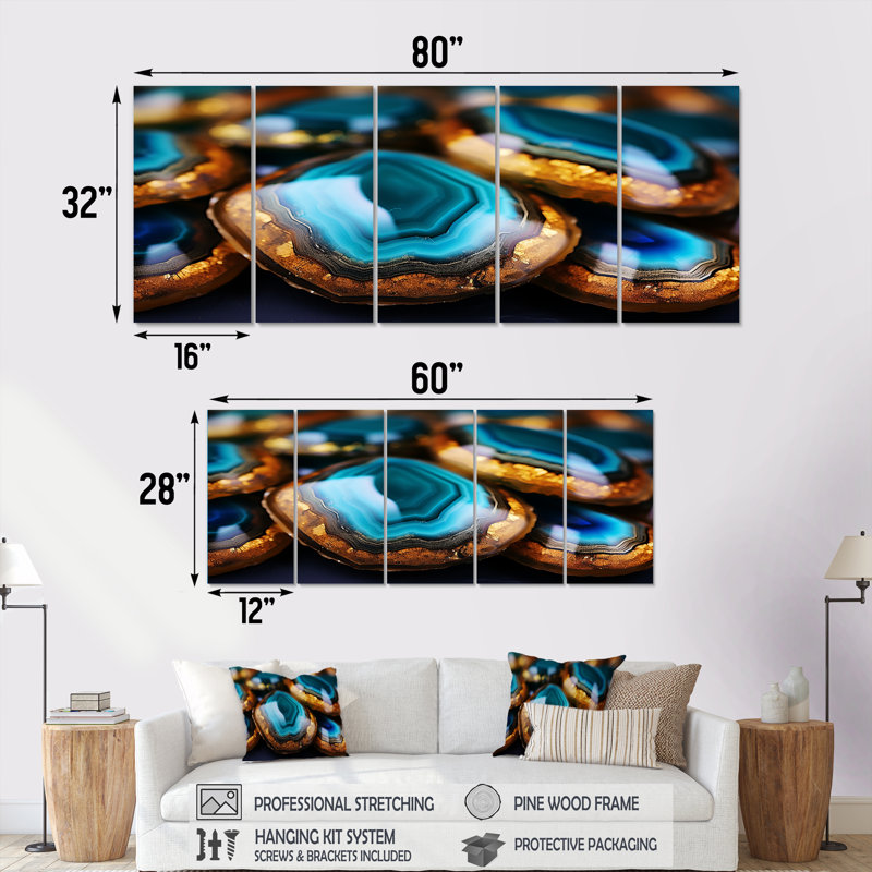 Golden Oasis Agate - ensemble d'art mural en marbre 5 pièces, H 28 po x l 60 po