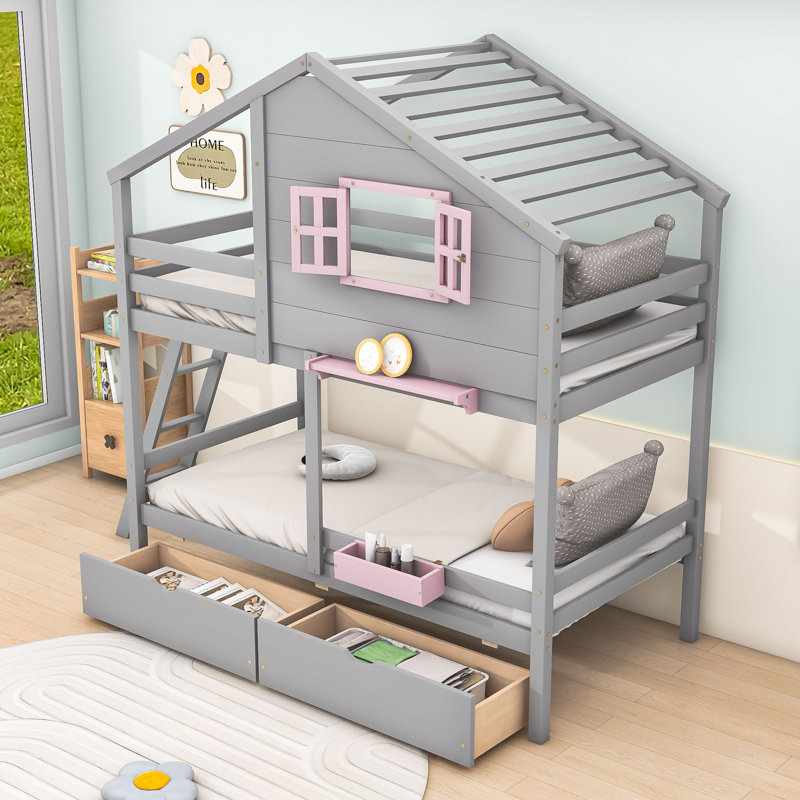 Lit superposé simple au-dessus de simple avec tiroirs Playhouse-Inspired, Gris