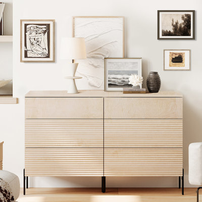Minimalist 6-Drawer 47.2" W Rectangular Dresser With Reeded Details And Double-Stick Leg Design
