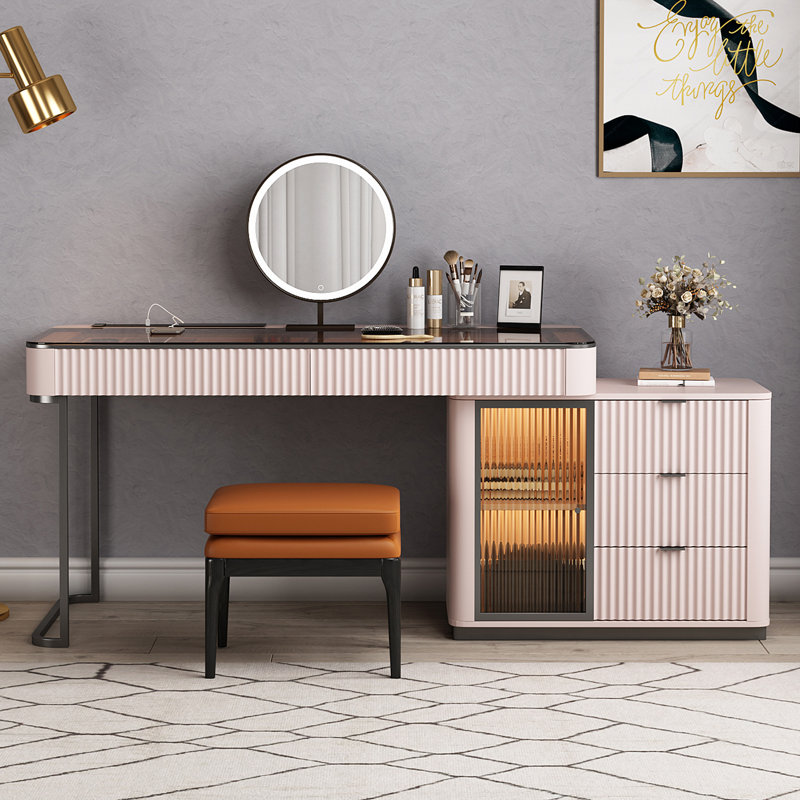Dressing Table with Mirror, Pale Pink//Grey, 47" W x 23" D x 29.5" H