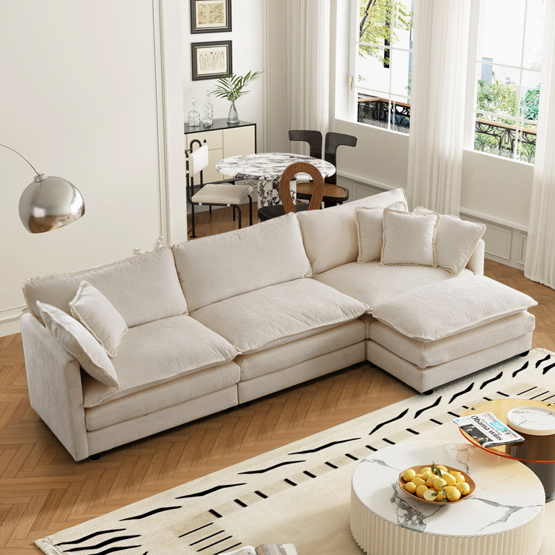 L-Shaped Sectional Sofa W/Reversible Footrest,sofas,couches, Beige Chenille