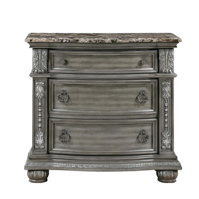 Toga 3 Drawer Nightstand, Gray Acacia Wood Carved Details, 35 Inch
