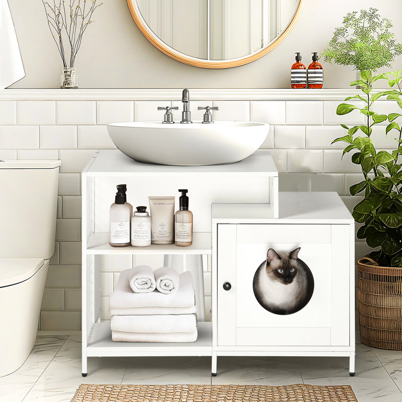 Boîtier de litière pour chat blanc, grande salle de bain avec rangement, fixation sous l'évier, panneau de particules P2 caché dans la salle de bain, rangement, solution,
