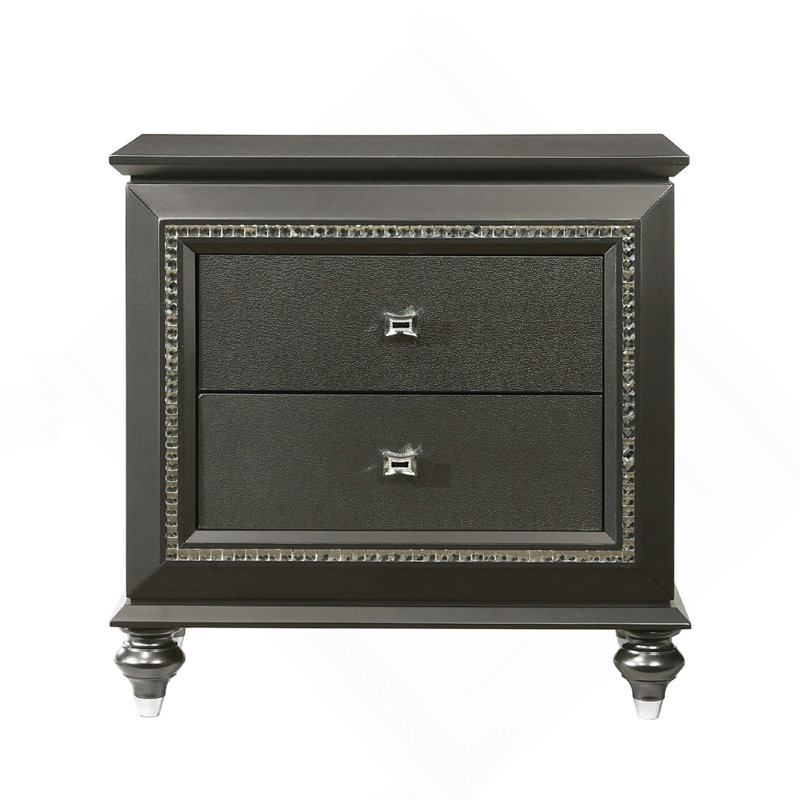 Table de chevet en bois d'hévéa massif avec 2 tiroirs au fini gris métallique, Gris