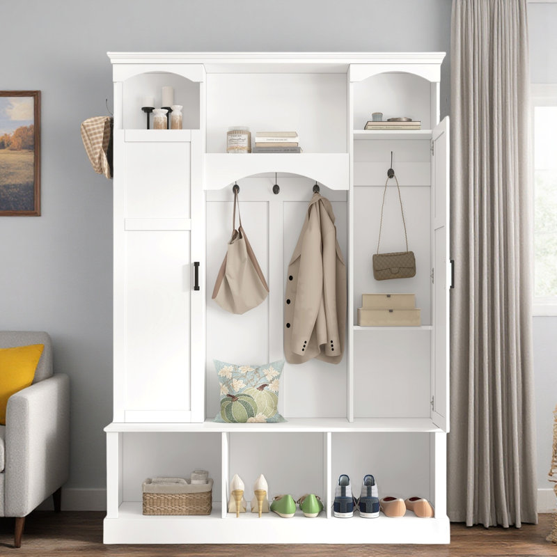 Modern Hall Tree With Adjustable Shelves, Side Cabinets, Top Compartments And Hooks, White
