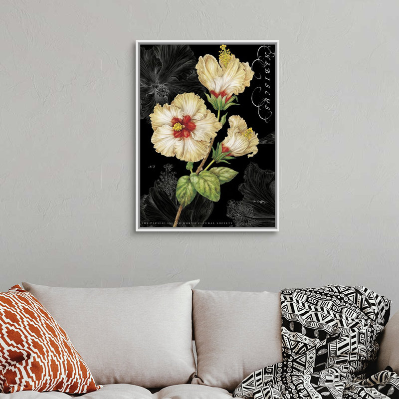 Hibiscus jaune sur toile noire, art mural, Toile avec cadre blanc, H 16 po x l 12 po x P 1,75 po