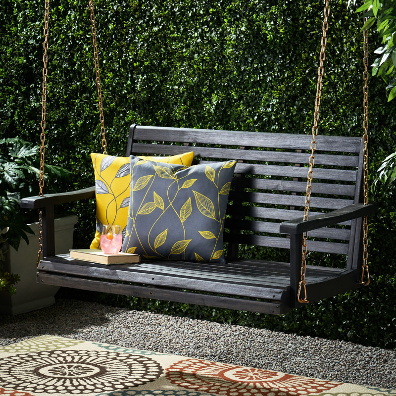 Relax On A Dark Grey Wood Porch Swing With Slat Seating In Grey, Frame, 44.00W X 19.75D Seat