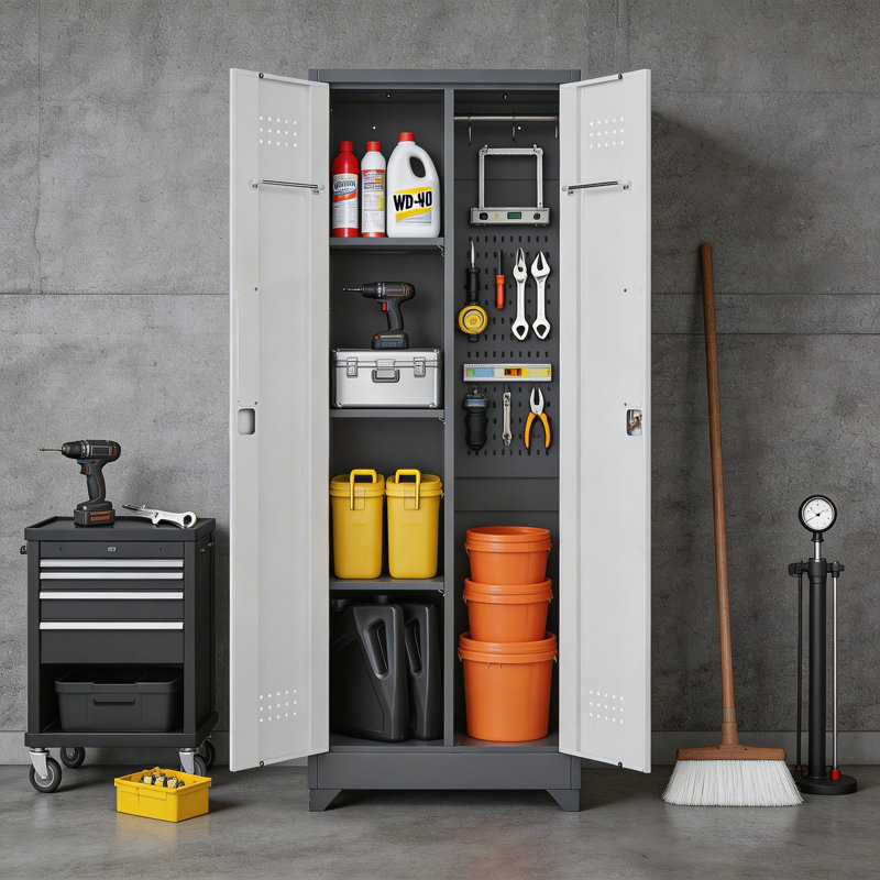 This 64.99-Inch Gray And White Color-Blocked Metal Broom Storage Cabinet Features A Lockable Door, Shelves, A Hanging Rod, And S-Hooks, Specifically Designed For Storing Cleaning Tools.