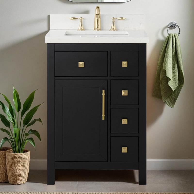  Oakford 24 Inch Bathroom Vanity with Sink, Black – 100% Premium Solid Wood Vanity Cabinet – 1.5" Thick Quartz Countertop – Water-Resistant Finish – Fully Assembled
