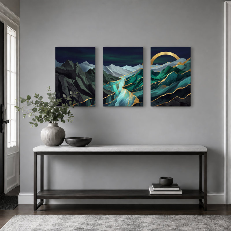 Ensemble de 3 toiles abstraites bleu sarcelle avec décorations en feuille d'or, 36"H x 24"W x 3pcs