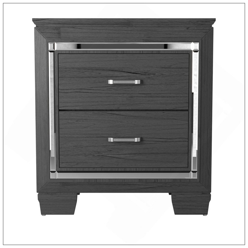 Table de chevet 1 pièce de style glamour avec 2 tiroirs, éclairage à DEL, faux cristaux et poignées de bar, finition grise pour les chambres à coucher modernes