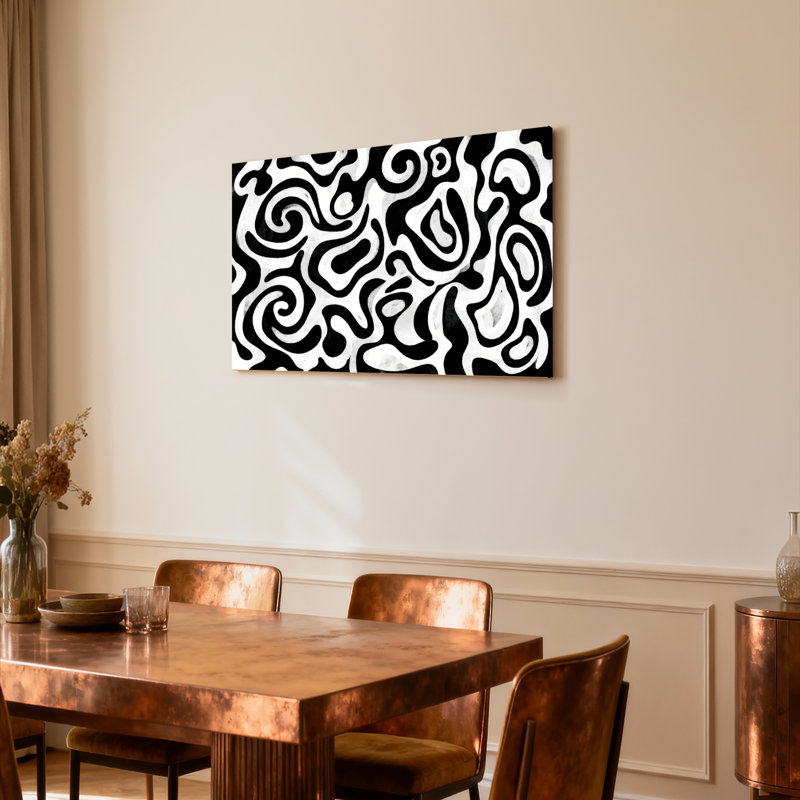 Ensemble de 1 tableau sur toile à motif tourbillonnant noir et blanc abstrait, H 16 po x l 24 po