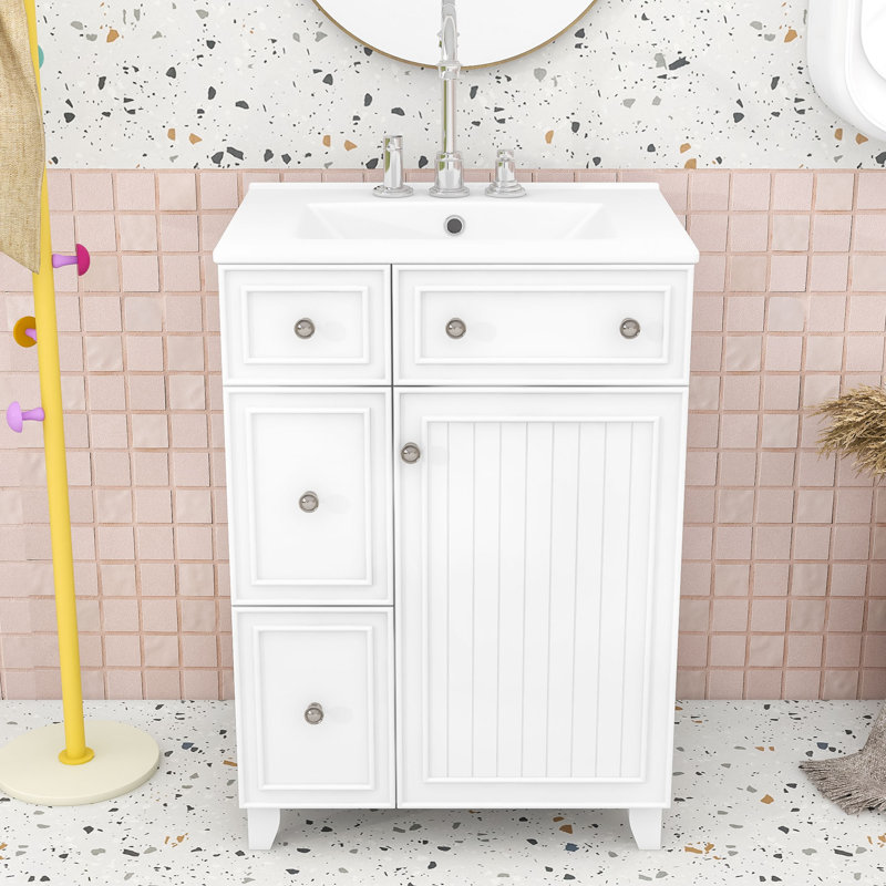 Chic 24-Inch 2 Drawers Bathroom Vanity with Ceramic Sink and Space-Saving Design, White, Silver