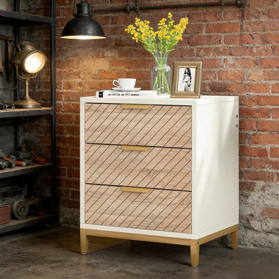 Élégante table de bout de chevet, armoire de rangement polyvalente, cadre doré, panneau de particules E1, grain de bois, structure métallique de tiroir, look, espace