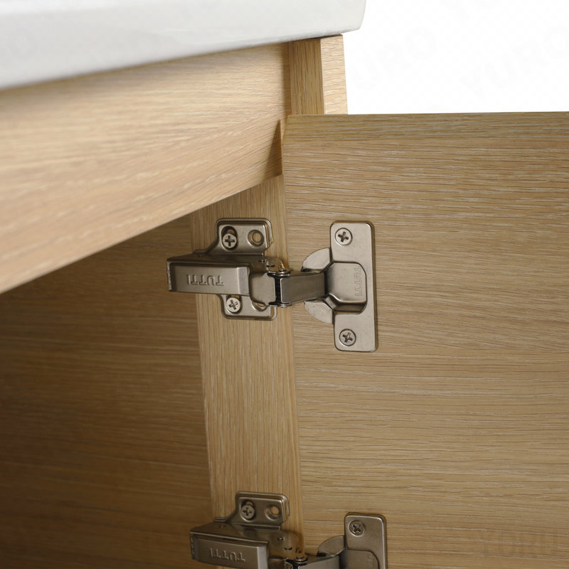 Meuble-lavabo mural de 40 po avec lavabo en céramique blanche et tablettes de rangement et 1 porte à fermeture en douceur, contreplaqué, chêne blanc américain