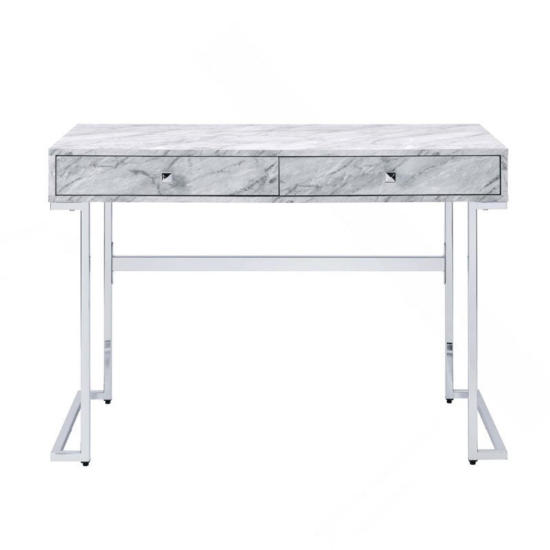Rectangular Writing Desk With 2 Drawers, Engineered Stone Top And Chrome