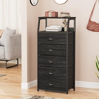 Commode noire à 5 tiroirs, tour de rangement verticale en tissu pour chambre à coucher, couloir, entrée, chambre de bébé, rangement pour garde-robe, table de chevet, structure en acier robuste, plateau en bois