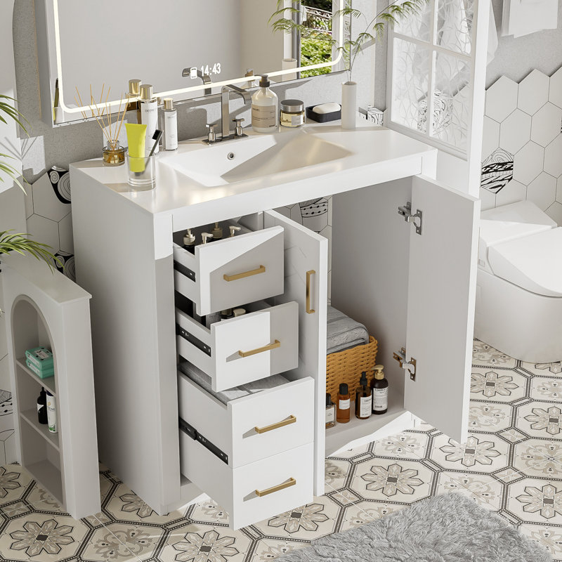 Meuble-lavabo 36 po avec lavabo en céramique, Blanc, Doré