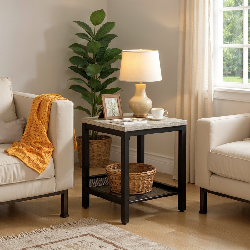 Modern Farmhouse Coffee Table Set Of 3, Rectangular Coffee Table With 2 Square End Side Tables, 2-Tier Living Room Table Set With Metal Frame & Open Shelf For Office, Apartment, Home