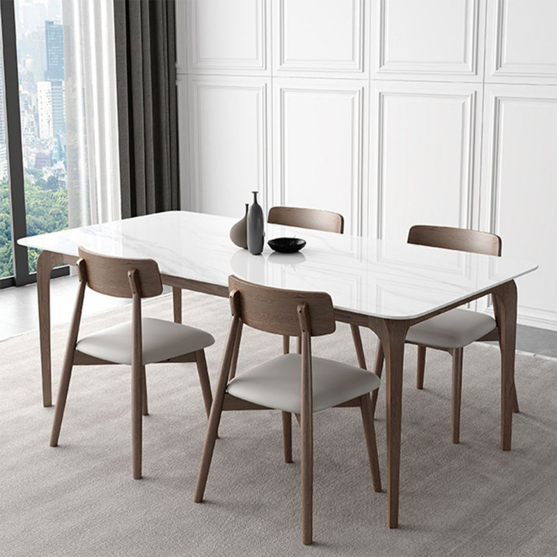 Ensemble de table de salle à manger 4 personnes blanc + brun noyer fritté rectangulaire + bois massif