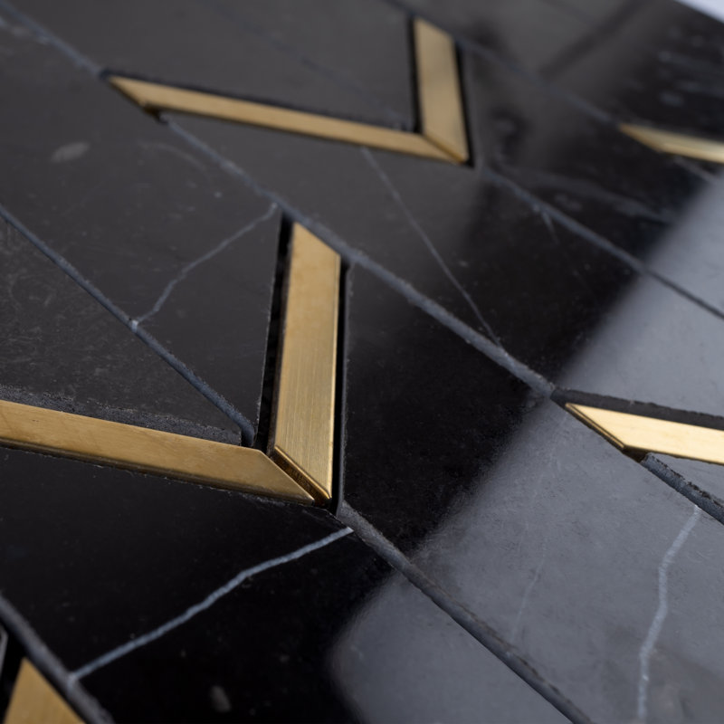 Natural Bianco 1" x 2" Herringbone / Chevron Mosaic Wall Tile, Black/Gold