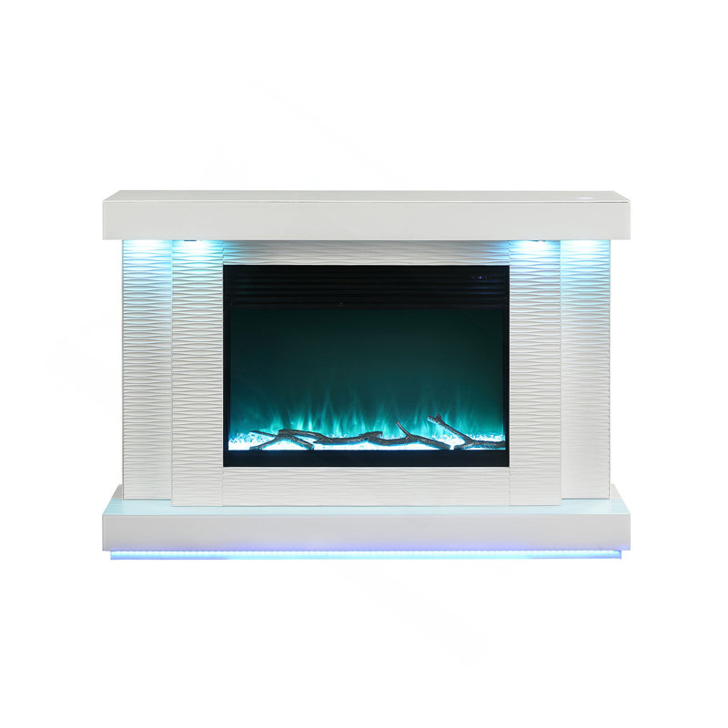 Contemporary Style TV Stand Electric Fire Place 3-Level Brightness Setting Room Temperature Control White Finish Primary Living Room