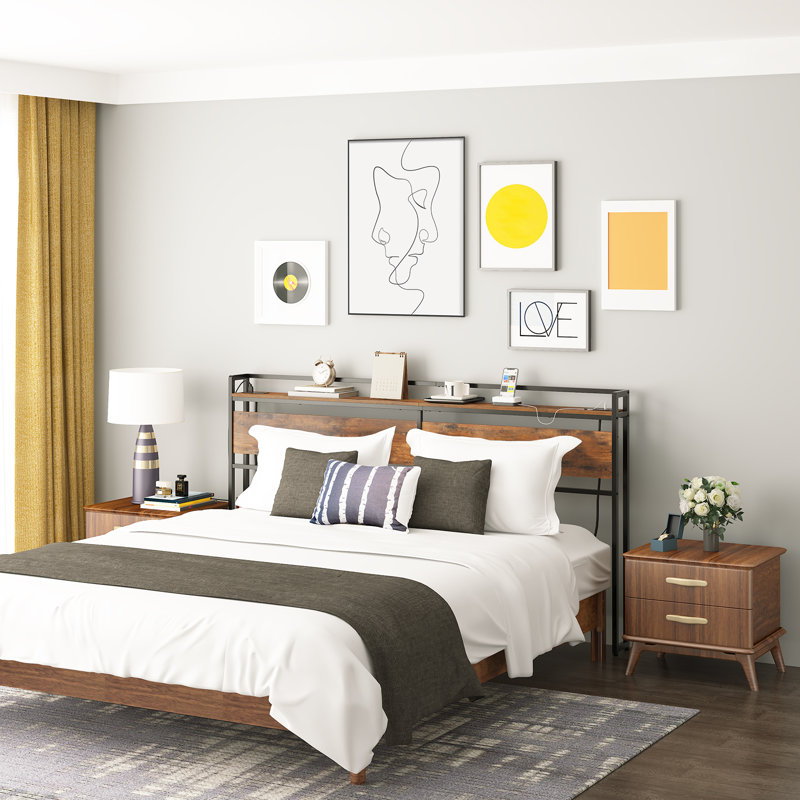 Morano 39.9"H Metal Headboard with Charging Station, King, Brown/Black