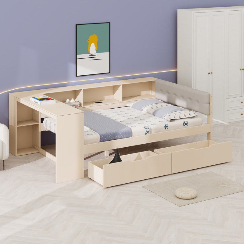 Lit plateforme avec tablettes de rangement et tiroirs, Crème, Lit double