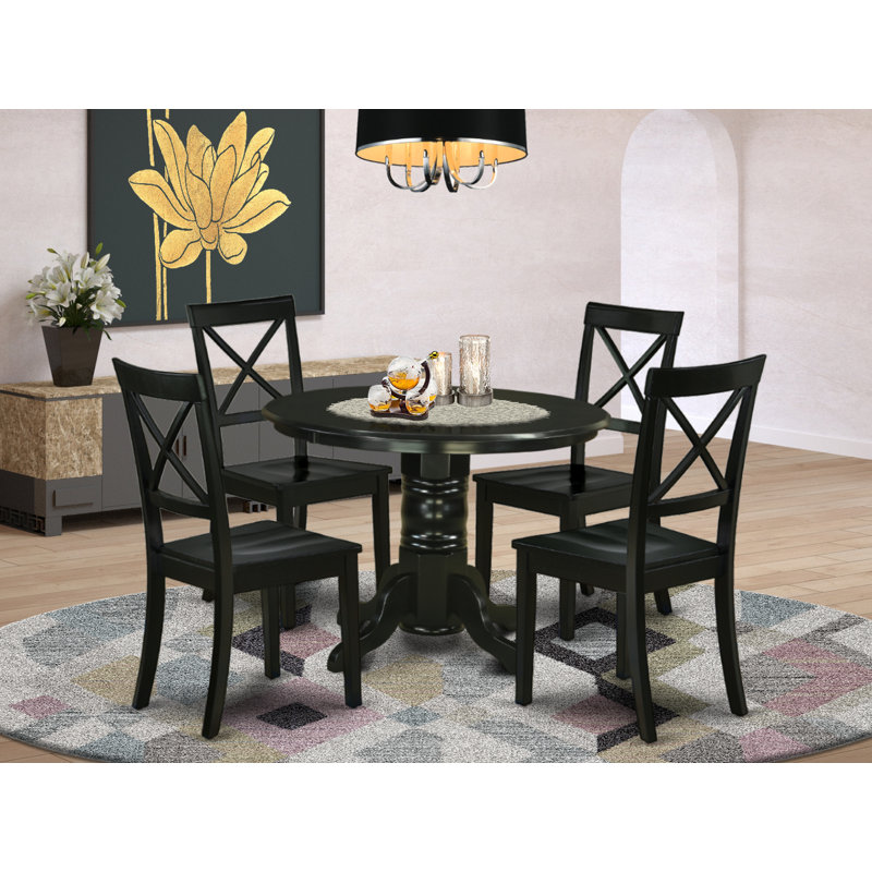 Ensemble de salle à manger 5 pièces comprenant une table de cuisine ronde avec piédestal et 4 chaises, noir, Black, Wooden