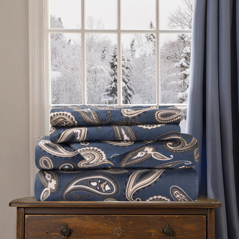 Blue Nile Mills Paisley 100% Cotton Flannel Deep Pocket Sheet Set, California King Sheet Set with 2 Pillowcases, Navy Blue